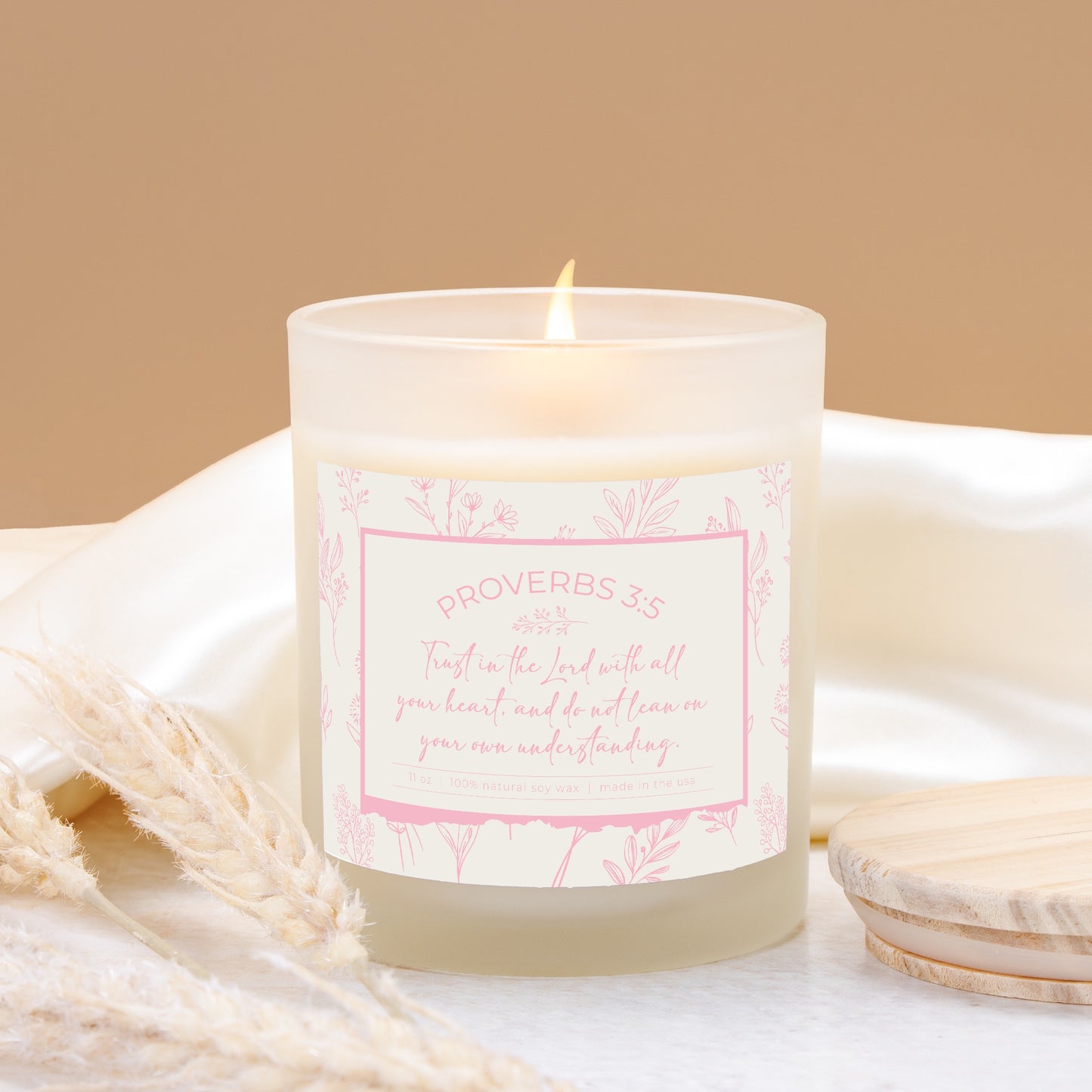 Grandma's Favorite Proverbs 3:5 Frosted Glass Candle (Ecru/Baby Pink Label)