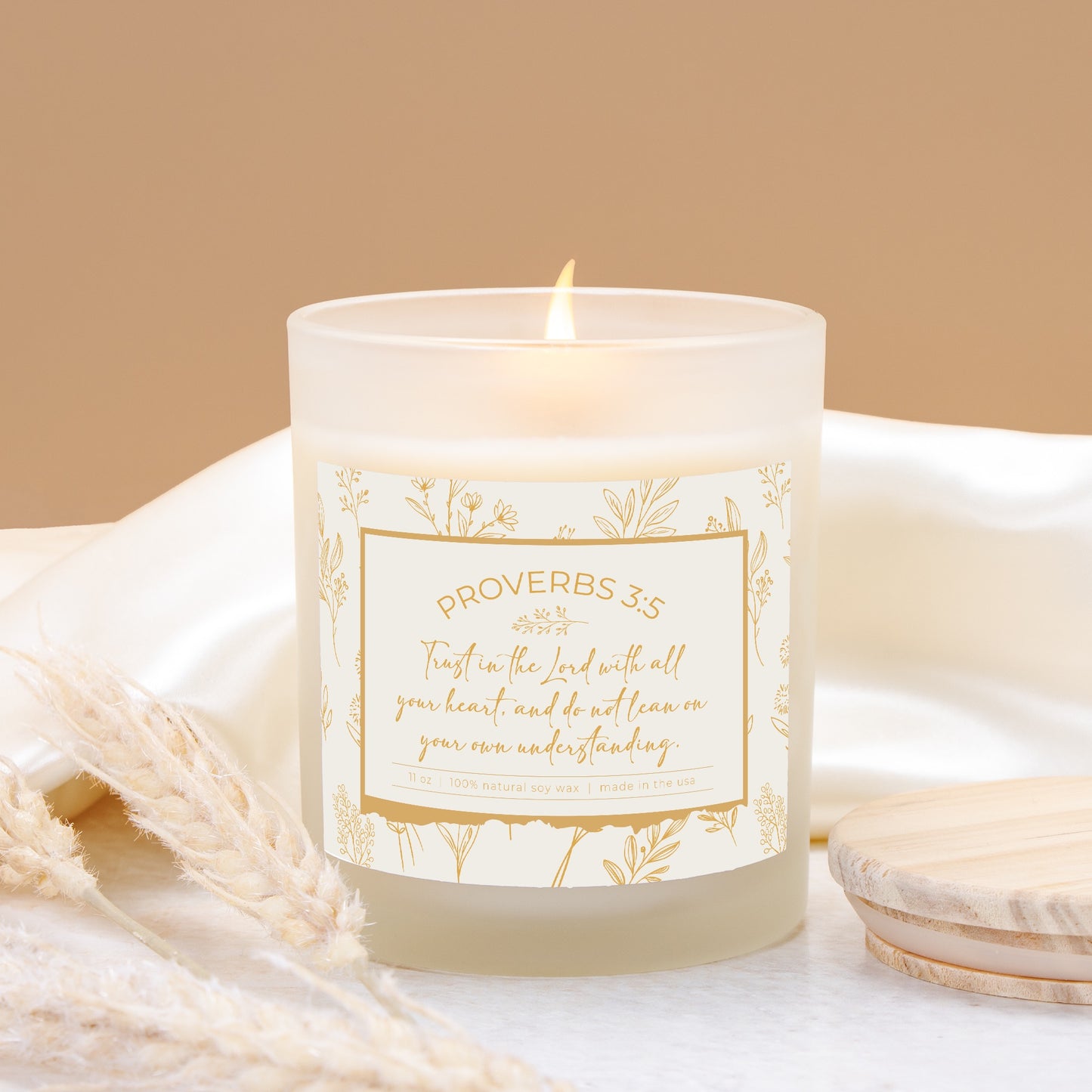 Grandma's Favorite Proverbs 3:5 Frosted Glass Candle (Ecru/Sunflower Label)