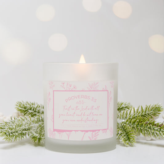 Grandma's Favorite Proverbs 3:5 Frosted Glass Candle (Ecru/Baby Pink Label)