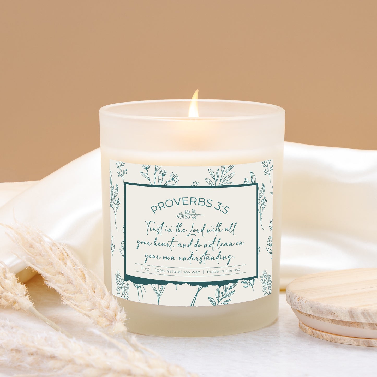 Grandma's Favorite Proverbs 3:5 Frosted Glass Candle (Ecru/Teal Label)