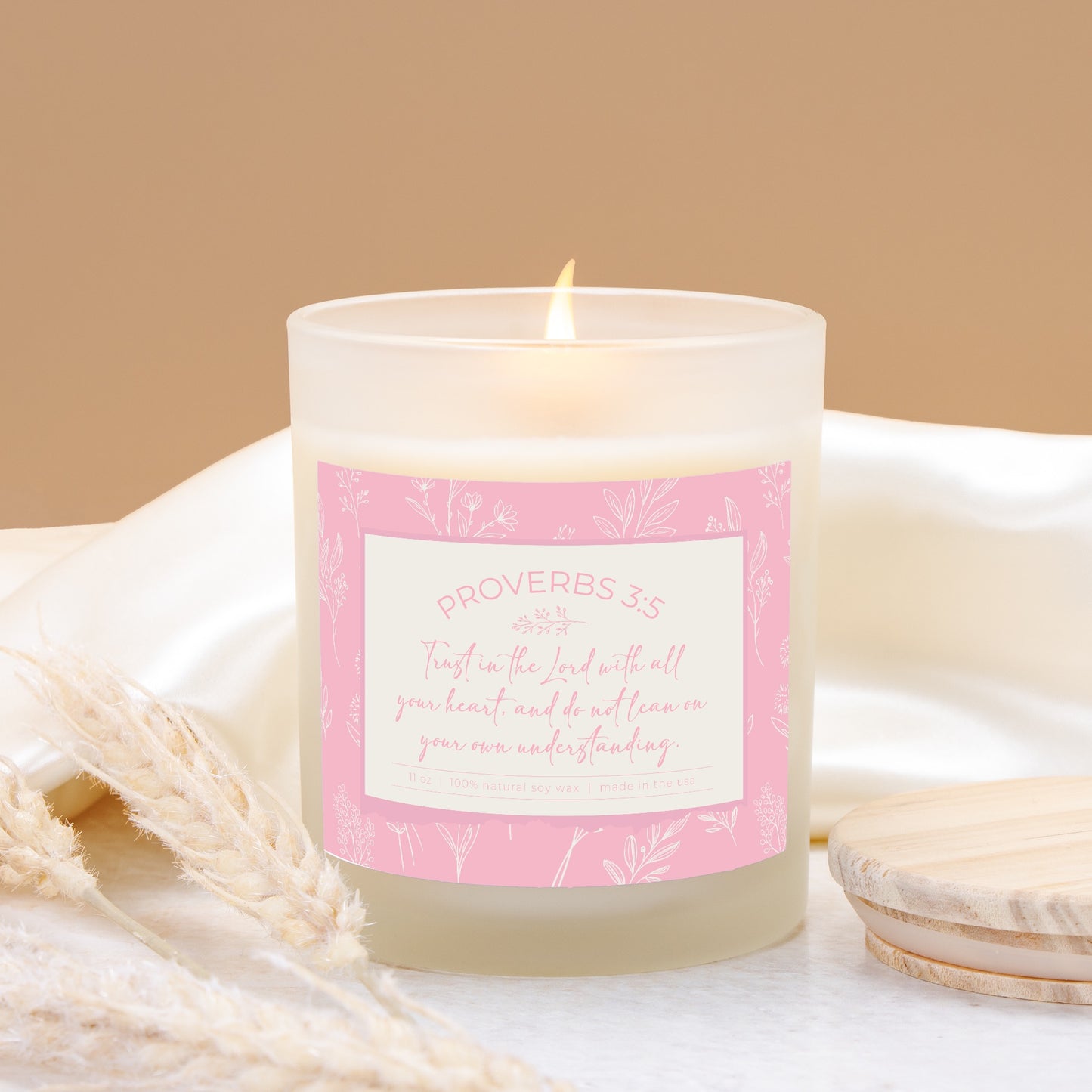 Grandma's Favorite Proverbs 3:5 Frosted Glass Candle (Baby Pink Label)