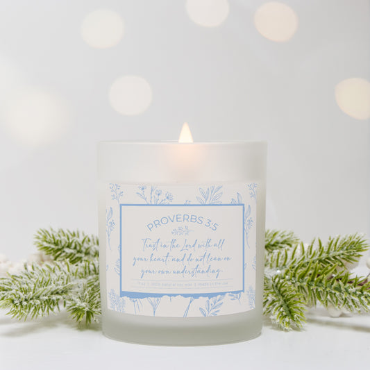 Grandma's Favorite Proverbs 3:5 Frosted Glass Candle (Ecru/Baby Blue Label)